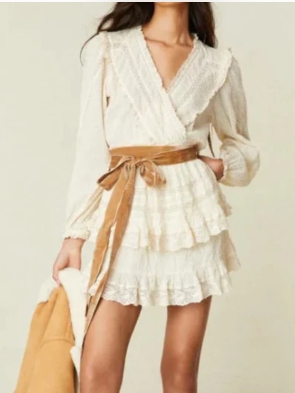 LoveShackFancy Milena Long-Sleeve Embroidered Lace Dress Antique White Small *